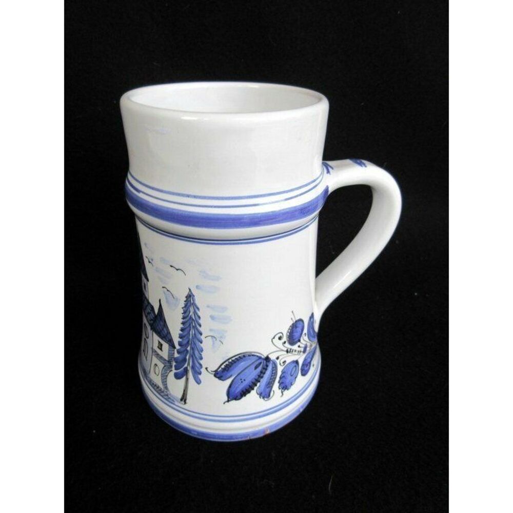 Art Pottery Large‎ Handled Mug Blue/White Floral House Chip